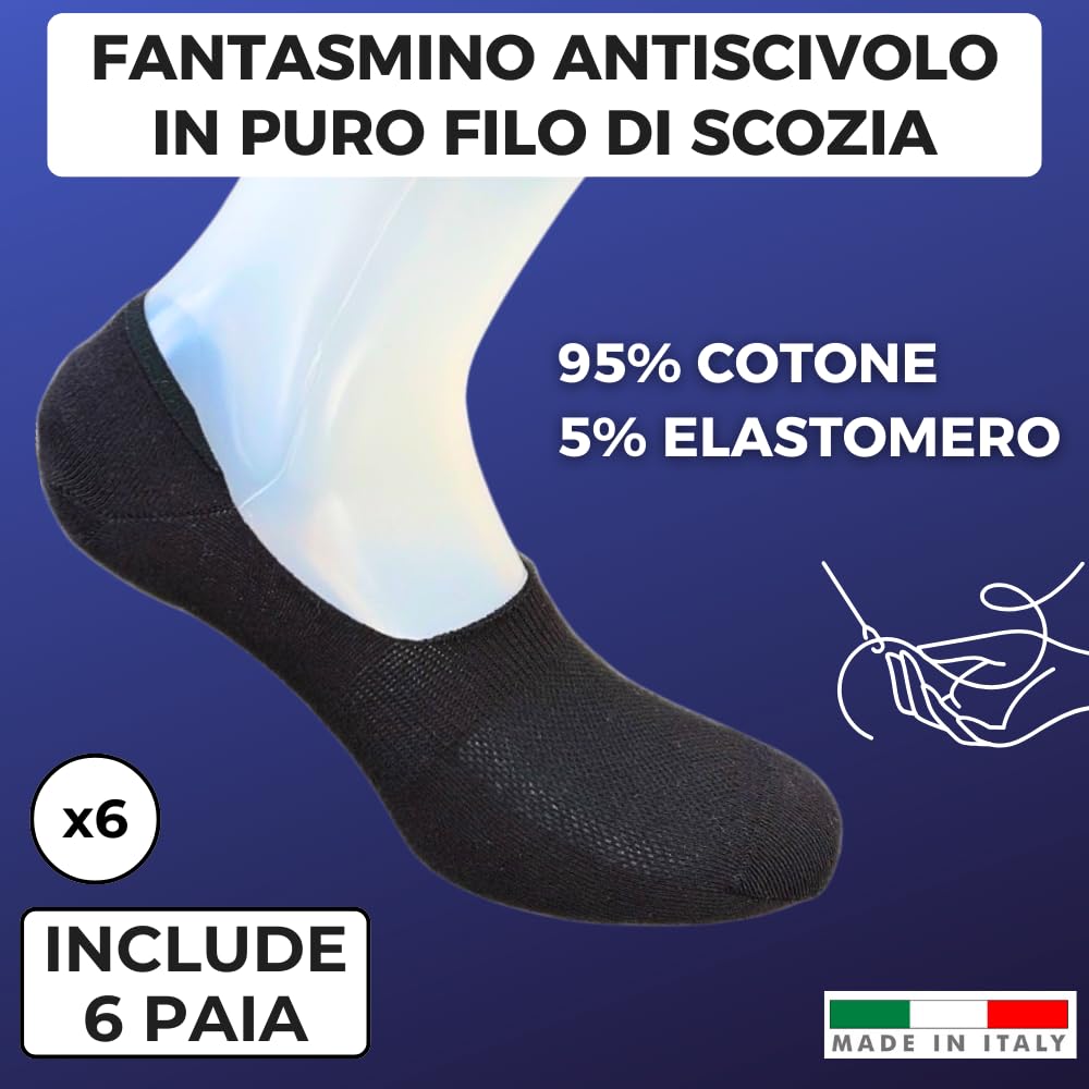 Infinity - 12/6 Paia Calze Fantasmini Uomo con Tecnologia Antiscivolo, Calze Filo di Scozia Uomo Corte in Puro Cotone Elasticizzato, Calzini Invisibili Ideali per Mocassino Made in Italy