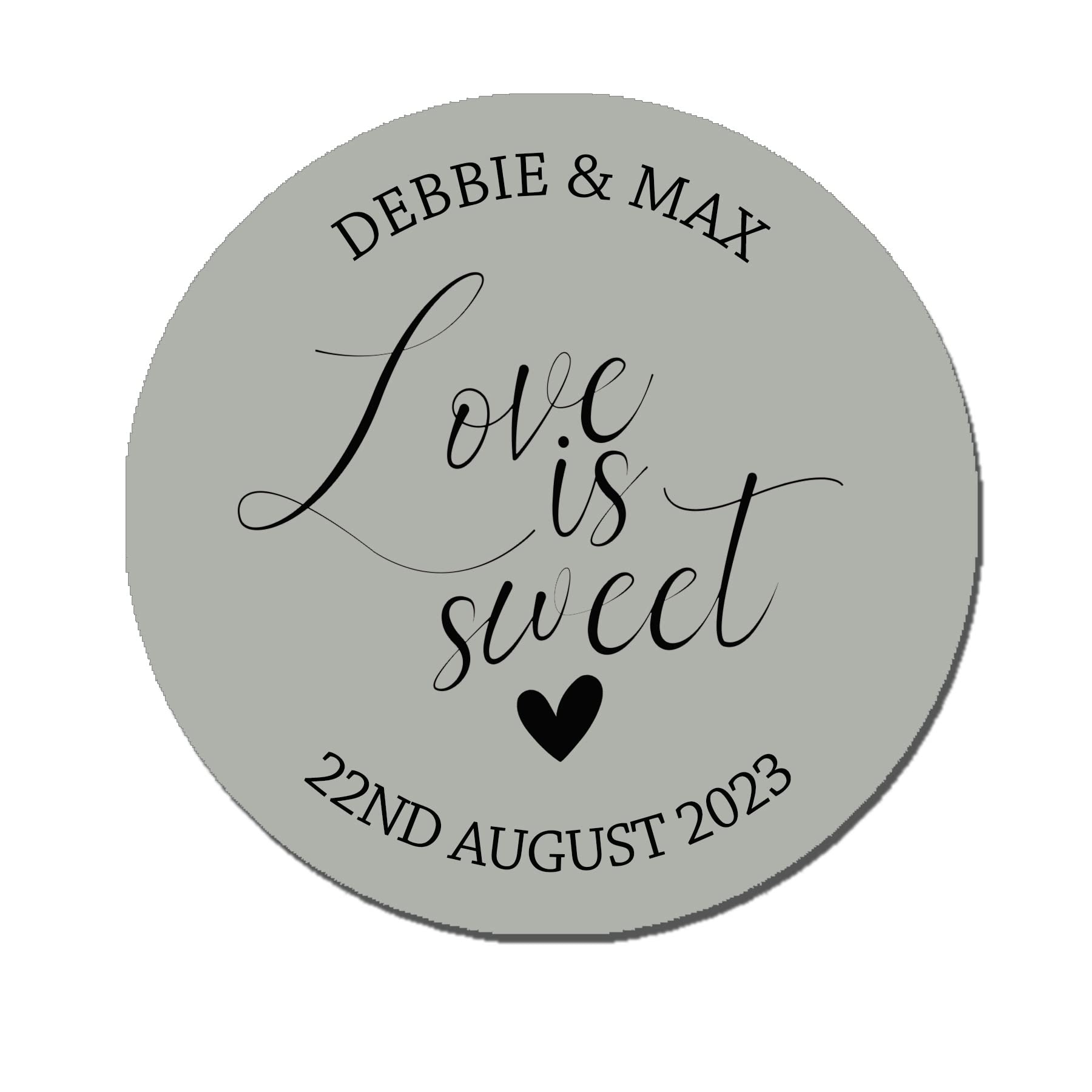 35 x Treasured Forever Personalised Love is Sweet Wedding Floral Effect Favour Round Stickers (37mm) (Grey)