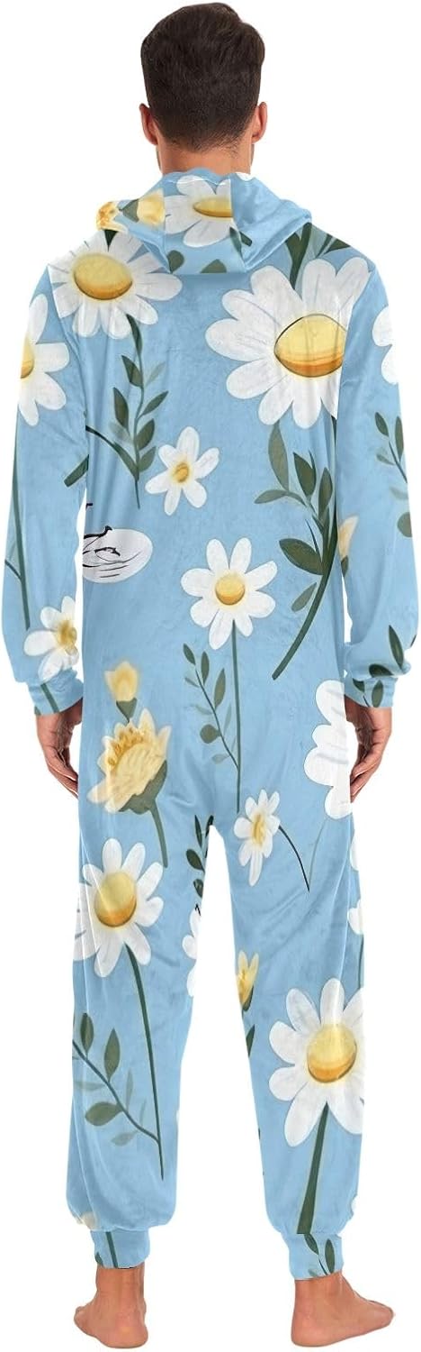 GAIREG Bee with Daisy Flowers Adult Onesie Pajamas, Soft Hooded One Piece Loungewear for Men Women