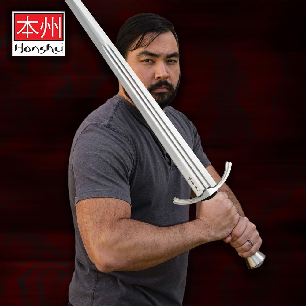 Honshu Single-Handed Broadsword | 1060 Carbon Steel Blade | Textured Black TPR Handle | 2Cr13 Stainless Steel Pommel | 30 3/8” Blade Length | 40” Overall Broadsword | Scabbard Included