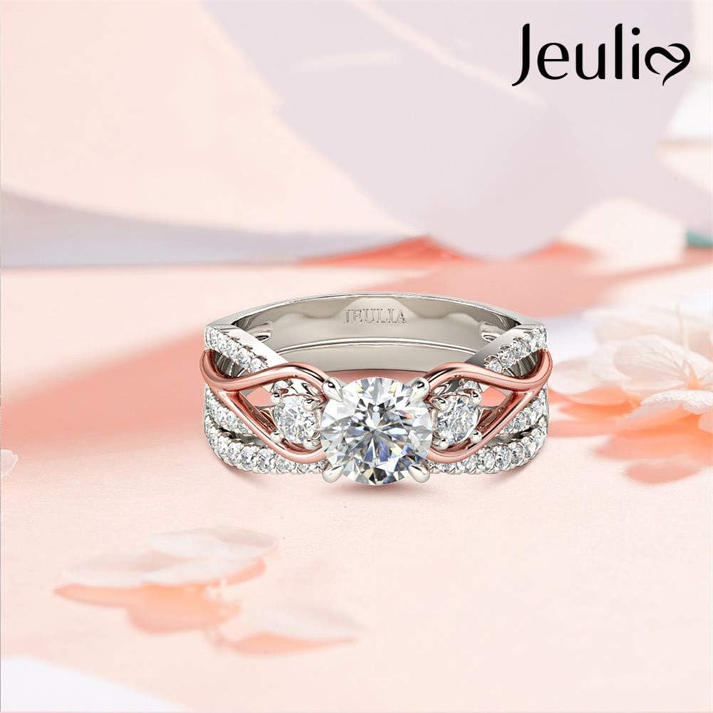Jeulia Two Tone Rings for Women Rose Gold Three Stone Round Cut Engagement Rings Sterling Silver Halo Bridal Ring Set Anniversary Promise Wedding Ring with Jewelry Gift Box : Clothing, Shoes & Jewelry