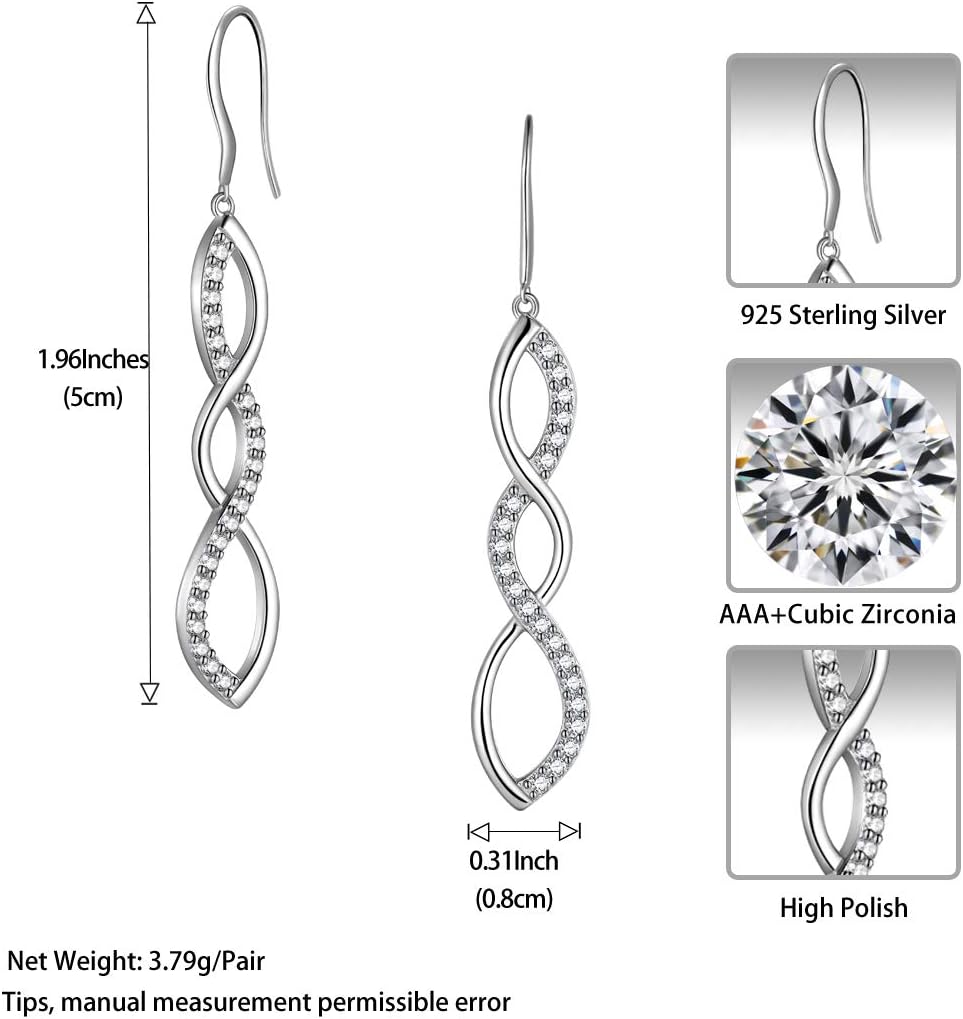 Jewmon 925 Sterling Silver Infinity Drop Dangle Earrings for Women Cubic Zirconia Endless Symbol Infinity Love Hoop Earrings Elegant Wedding Earrings Fine Jewelry Bridesmaid Christmas Day Gift for Her