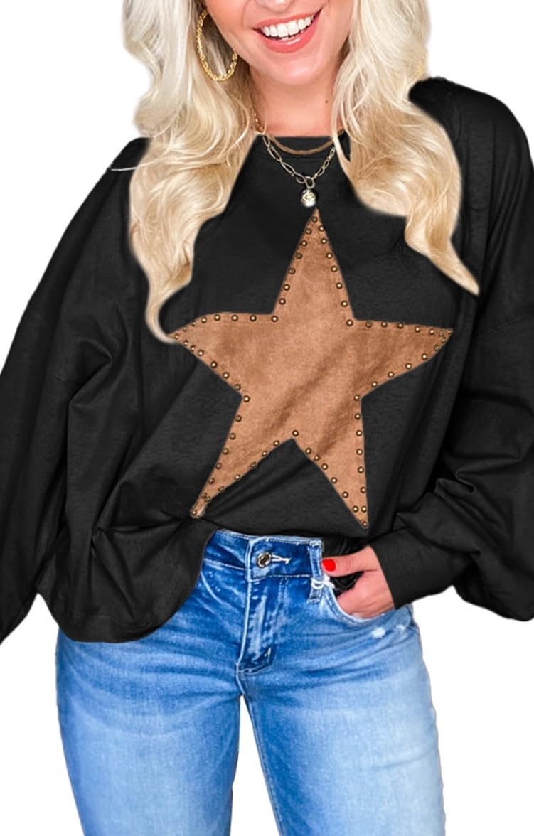 peassa Womens Oversized Long Sleeve Shirts Studded Star Graphic Crewneck Tops Fall Clothes