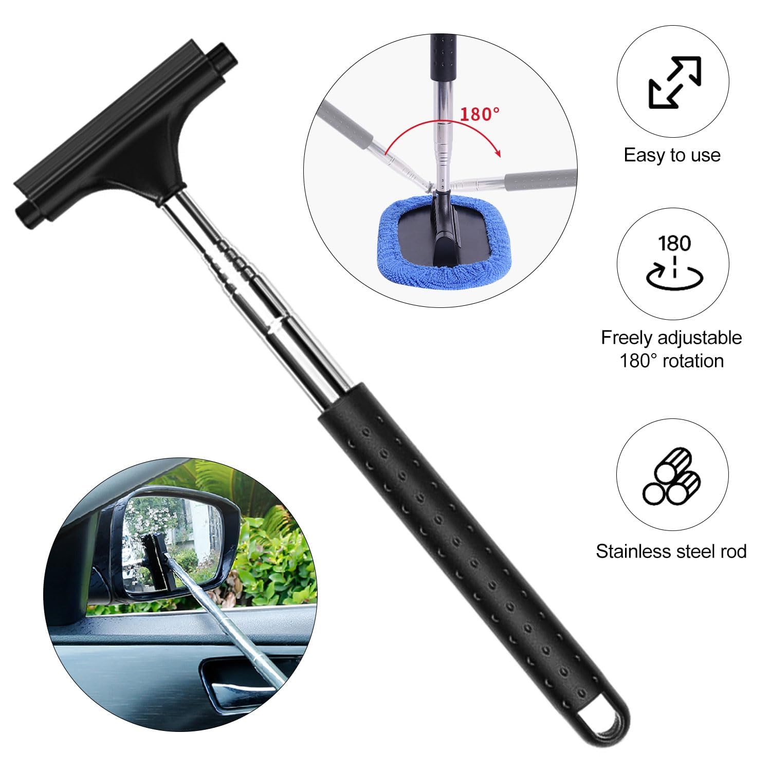 Cepillos Limpiacristales para Coches, Limpiaparabrisas Telescópico 3 En 1, RetráCtil hasta 106 cm, con Paño de Microfibra, Apto para Todo Tipo de Carrocerías, Espejos, Cristales (Azul)