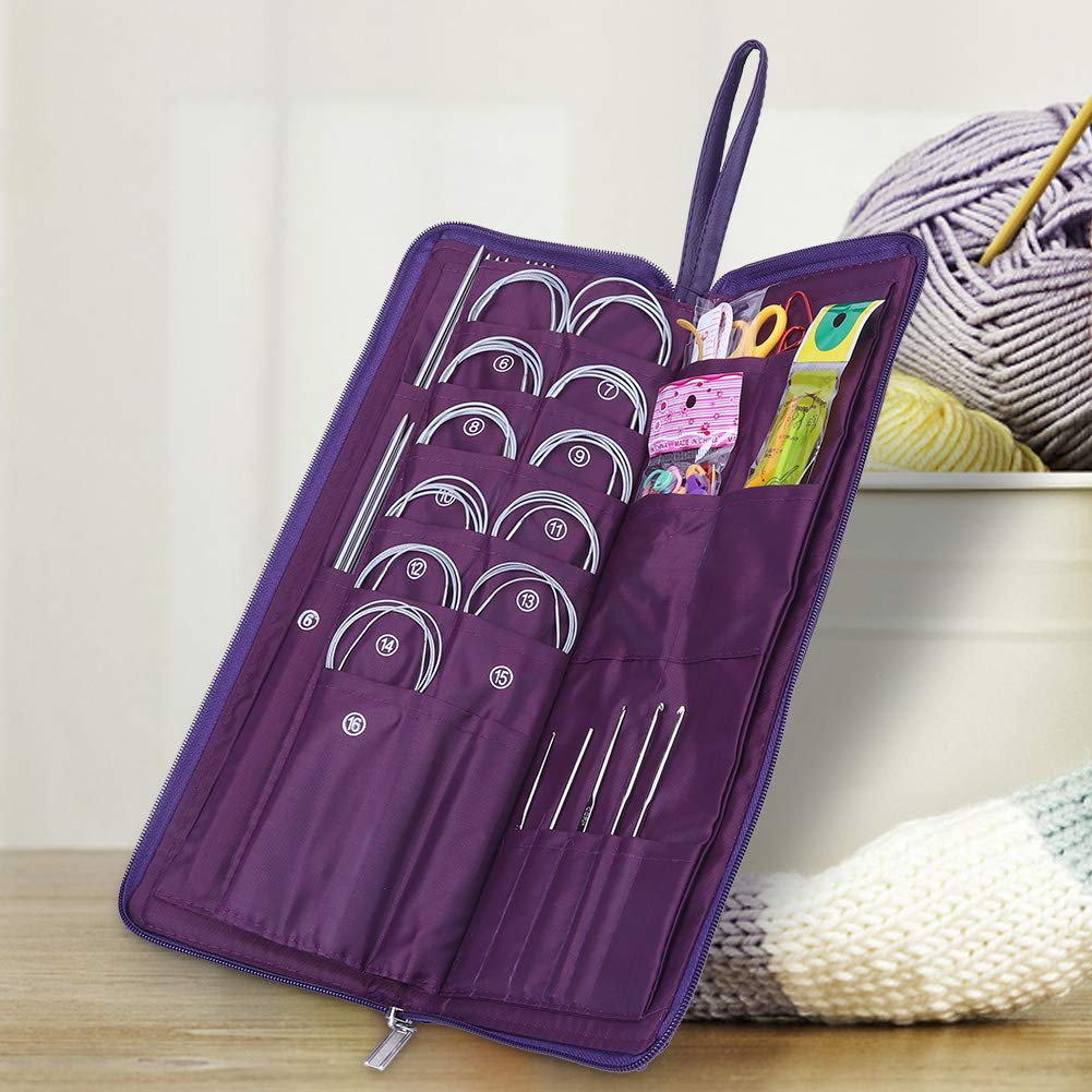Kit de tejer 104 piezas, agujas de tejer circulares rectas de acero Juego de herramientas de tejido de gancho de ganchillo con bolsa de pu para principiantes, amantes del ganchillo experimentados