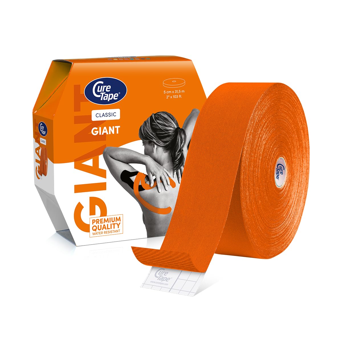 CureTape Classic Giant: Rollo Extra Grande de Cinta Kinesiológica | 5cm x 31.5m | Cinta Hipoalergénica| Vendaje para Alivio del Dolor, Soporte Muscular y Articular | Gran Adhesión | Naranja