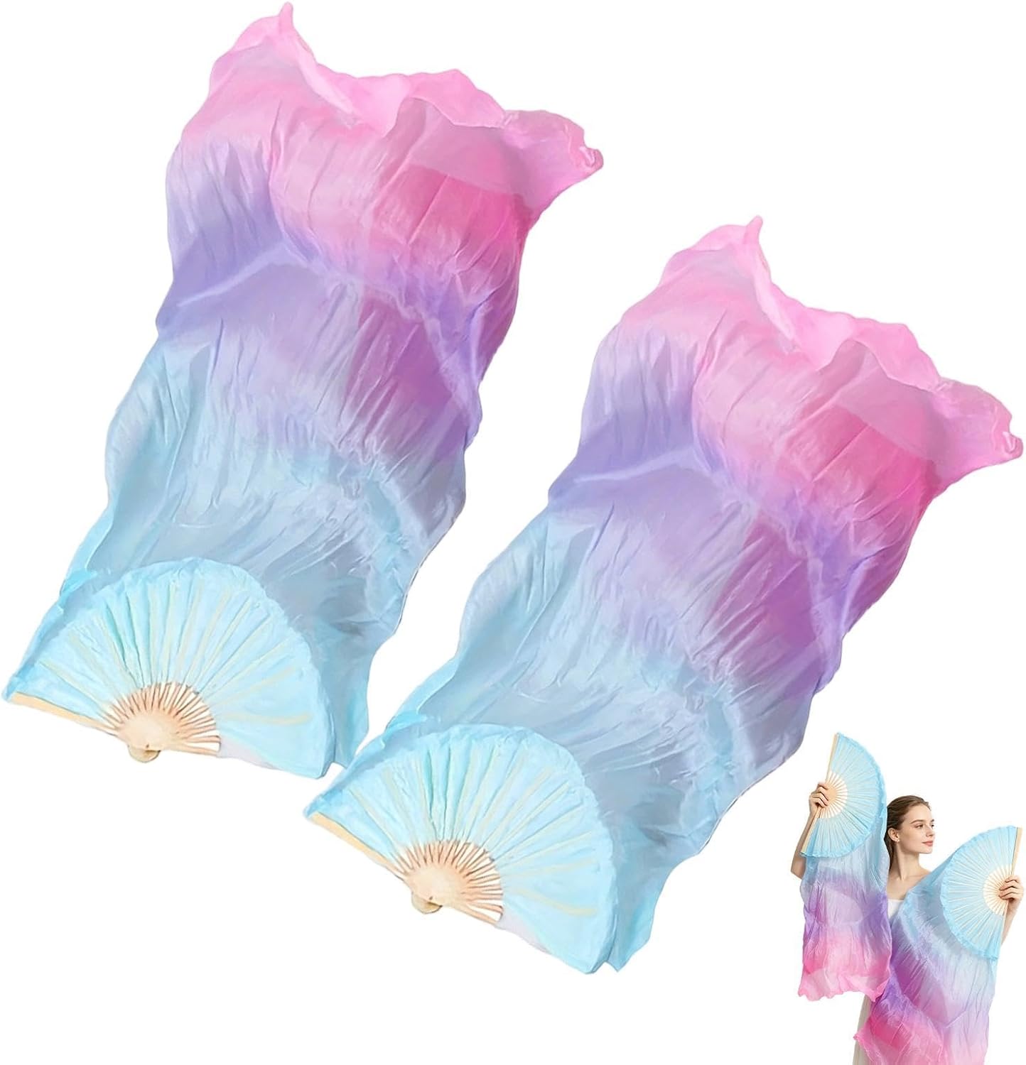 Belly Dance Fans, with 2Pcs Long Dancing Props Faux Silk, 150x80cm, Faux Silk Fan Veils, Lightweight, Flowing, for Dancers Beginners Professionals Stage Performance Festival Theater