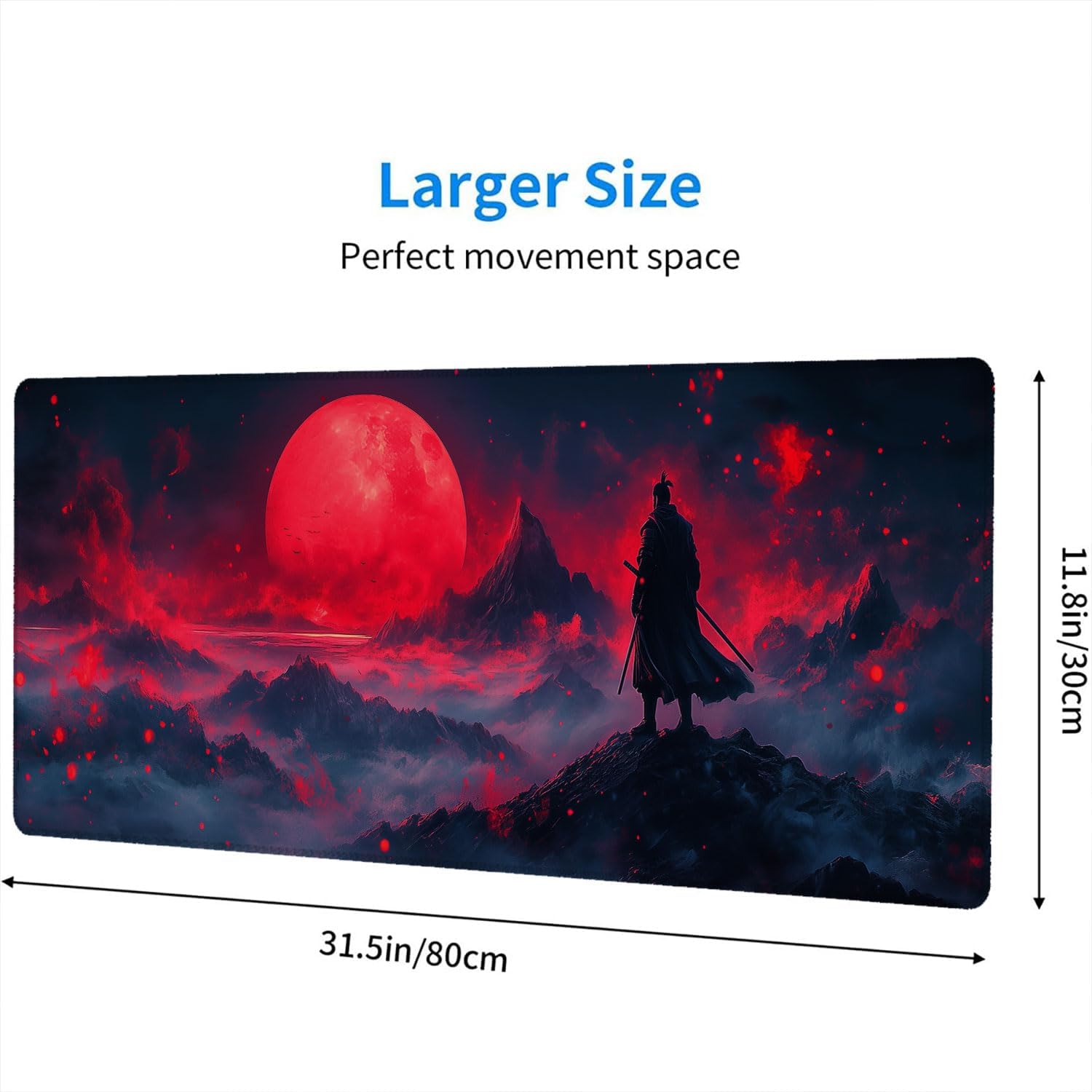 Japanese Samurai Gaming Mouse Pad Desk Pad Red Blood Moon Anime Katana Extended Gaming Mouse Pad Mat with Stitched Edge Non-Slip Base Big Mouse Pad Office Computer Keyboard Laptop Home 31.5"x11.8" - Image 2