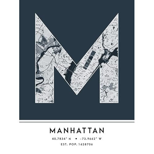 Wee Blue Coo Manhattan New York United States City Map Navy Colour Block Modern Typography Stylish Letter Unframed Word Wall Art Print Poster for Home Décor CITYMAP1