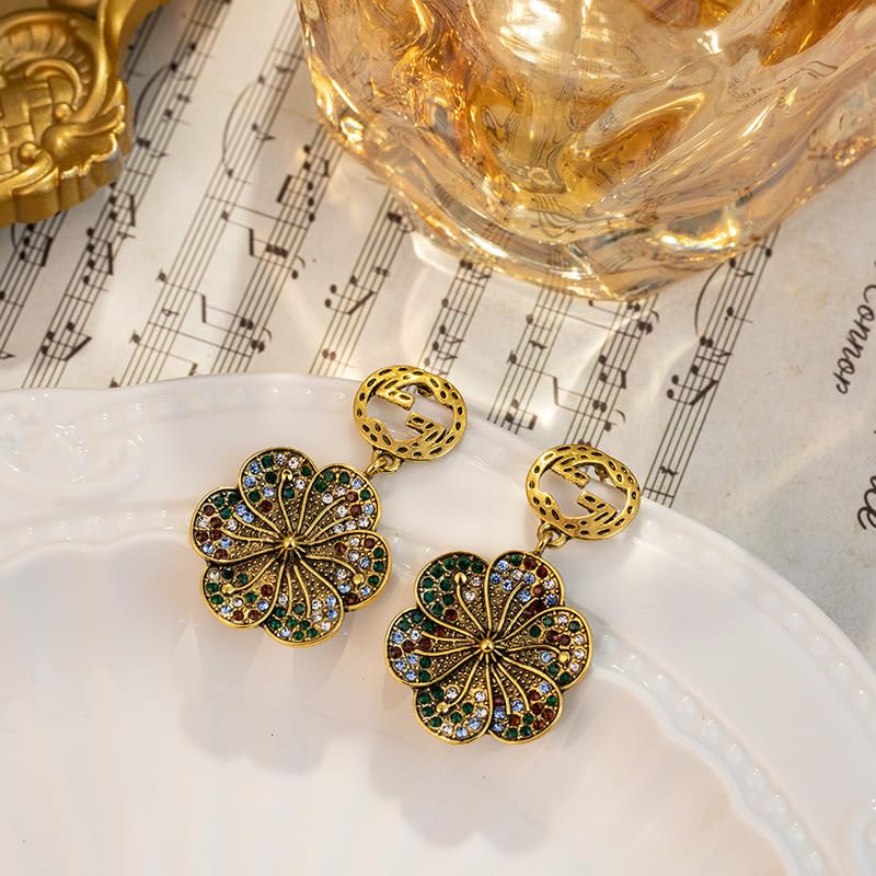 Generic Vintage Floral Fashion Drop Earrings for Women, Gold Plated Dangle Earrings, Gold/green3