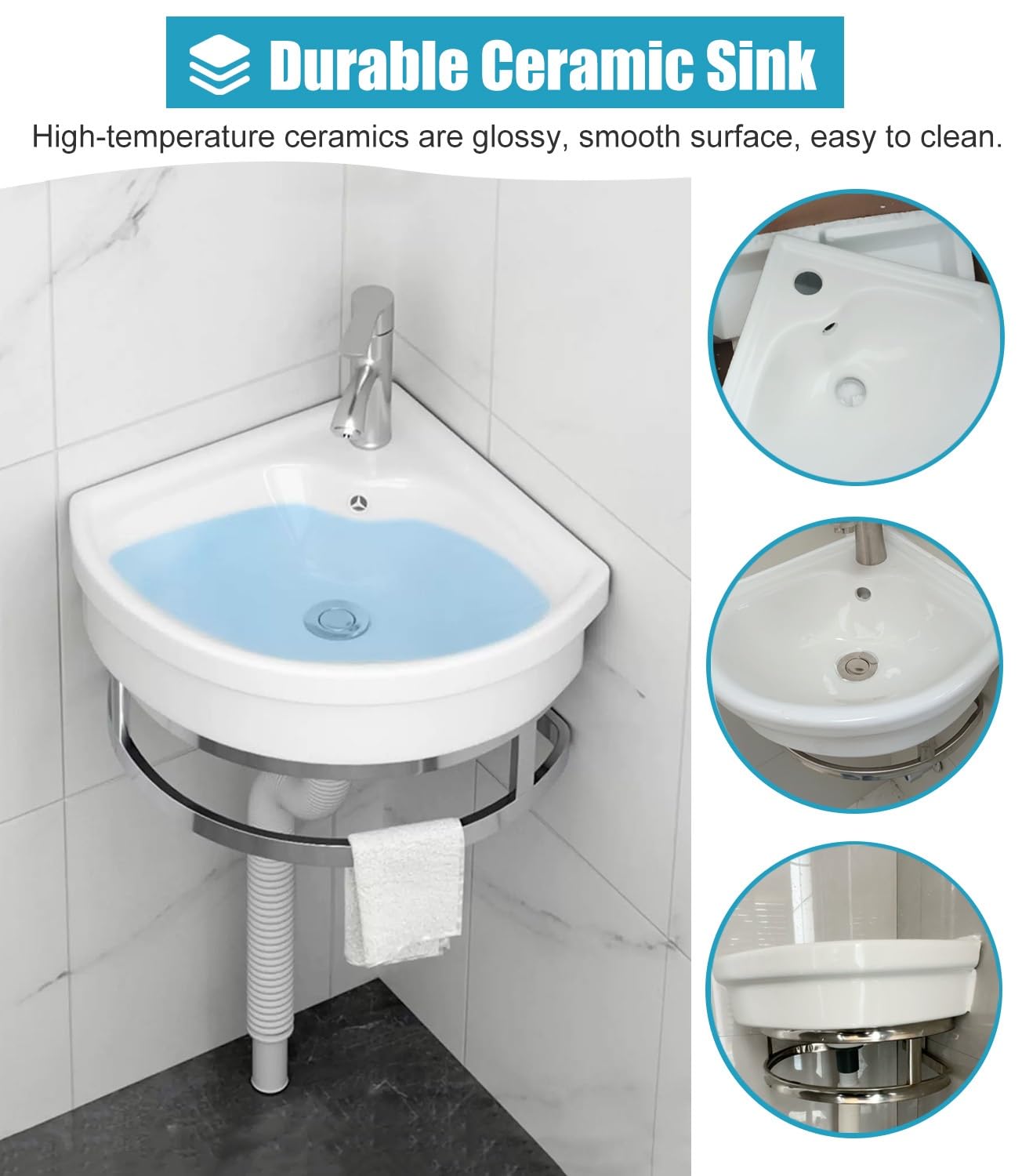 Lavabo Suspendido Esquinero Lavabo de Esquina Mural para Baños Pequeños, Lavabo de Cerámica con Ducha para Aseos, Baños de Invitados o Casas Móviles, Minilavabo(30x30cm (11 3/4x11 3/4"))