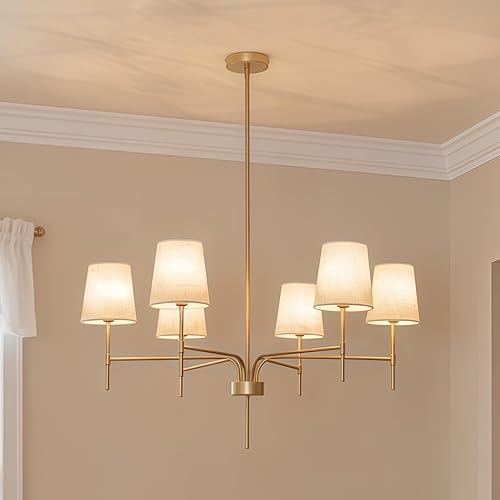 Antique Brass Gold Chandeliers for Dining Room, 6-Light Modern Chandelier Light Fixture over Table, with White Fabric Shade, 34" Large Transitional Kitchen Pendant Lights for Living Room Bedroom Foyer