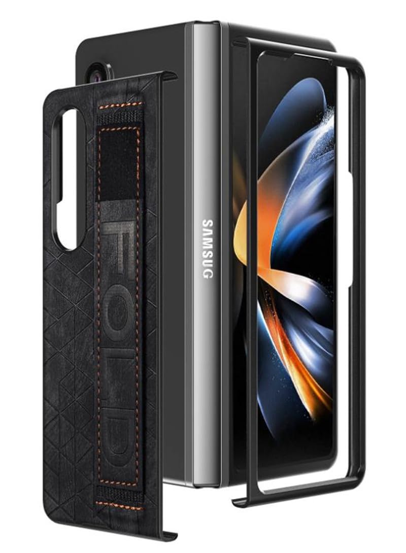 for Samsung Galaxy Z Fold 5 Case Elastic Wrist Strap with S Pen Holder,Galaxy Fold 5 Front Back Full Body Protection, Fold 5 Phone Case PU Leather Slim Shockproof Cover for Samsung Fold 5 Black