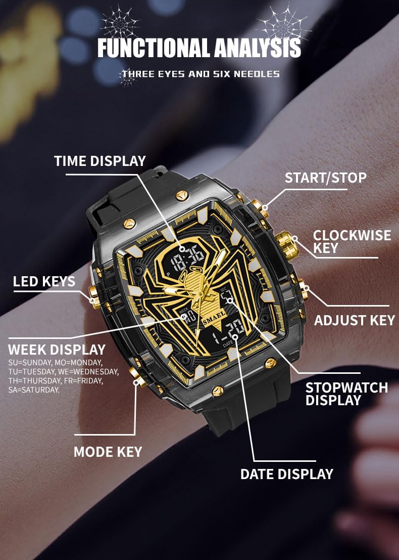 MASTOP Luxury Spider Man Watch Quartz Watch Large Face Digital Analog Dual Time Display Stopwatch Punk Cool Design Silicon Strap Wrist Watch for Men