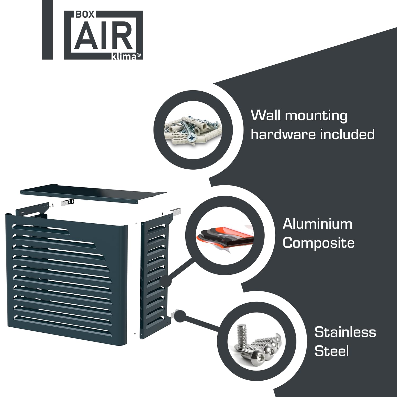 Box Air Klima Cover Clima Curve S Antracita – Cubierta Premium para Aire Acondicionado Exterior en Aluminio Composite, Soportes INOX Ajustables, Instalación en Pared, Protección Unidad Exterior