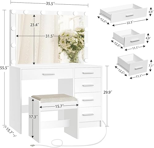 Miniatura 7 de usikey Vanity Desk with Mirror and Lights, Vanity with Charging Station, Makeup Vanity with Large Mirror & 5 Drawers, Dressing Vanity Table with