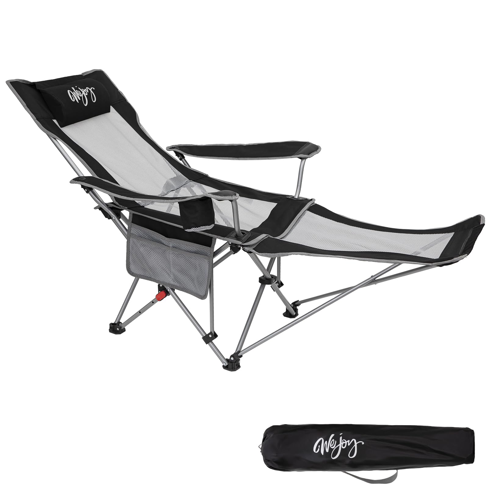#WEJOY 2 en 1 Silla de Camping Plegable, Silla Tumbona de Playa Reclinable Portátil, Respaldo Ajustable de 3 Niveles, Carga 136 kg, Silla Plegable para Exterior Jardín Pesca, Negro