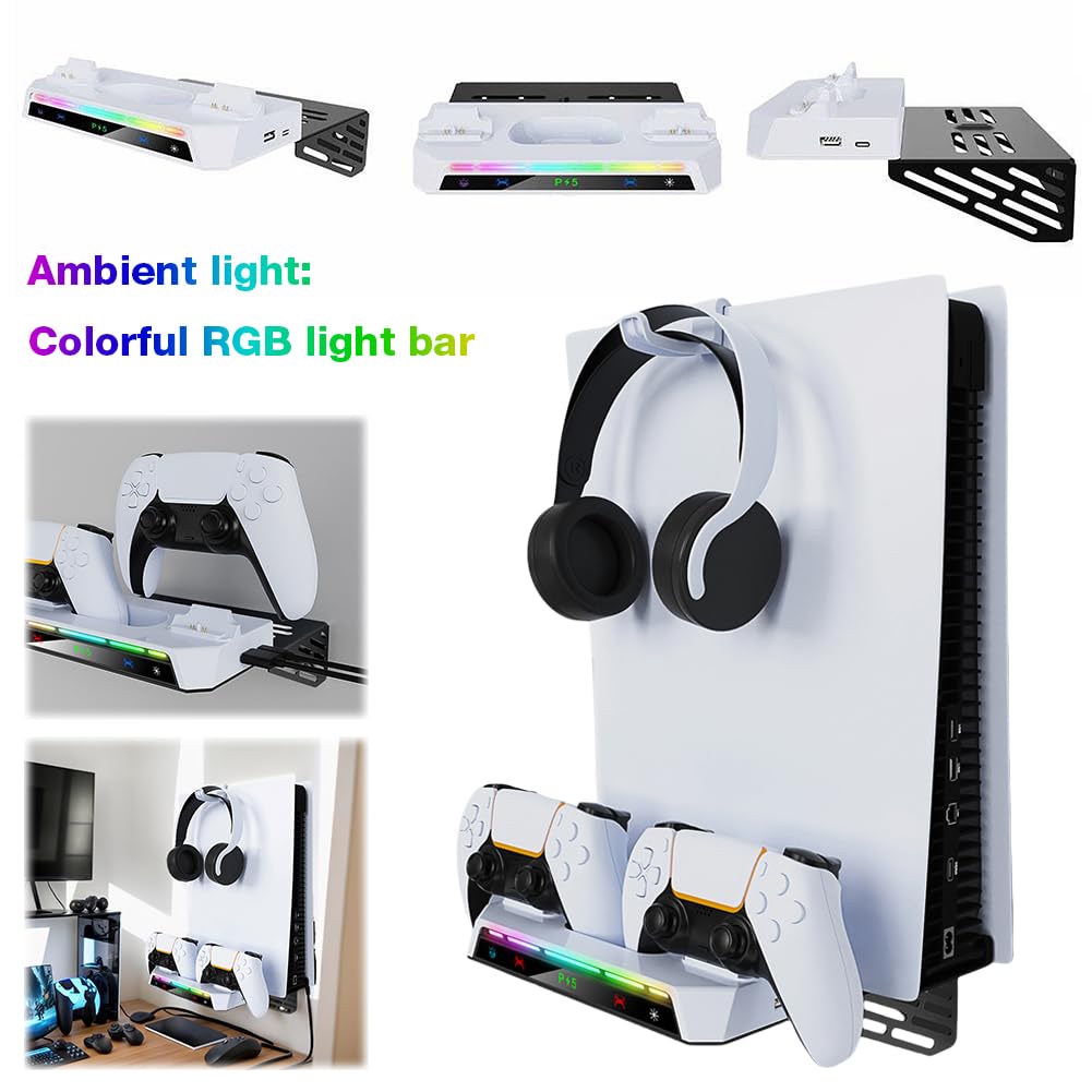 2Set Półka Pływający uchwyt z podwójną stacją ładującą kontrolera Światło RGB Stojak ścienny z uchwytem na zestaw słuchawkowy Metalowa wisząca podstawka ładująca do konsol PS5 i PS5 Slim Płyty