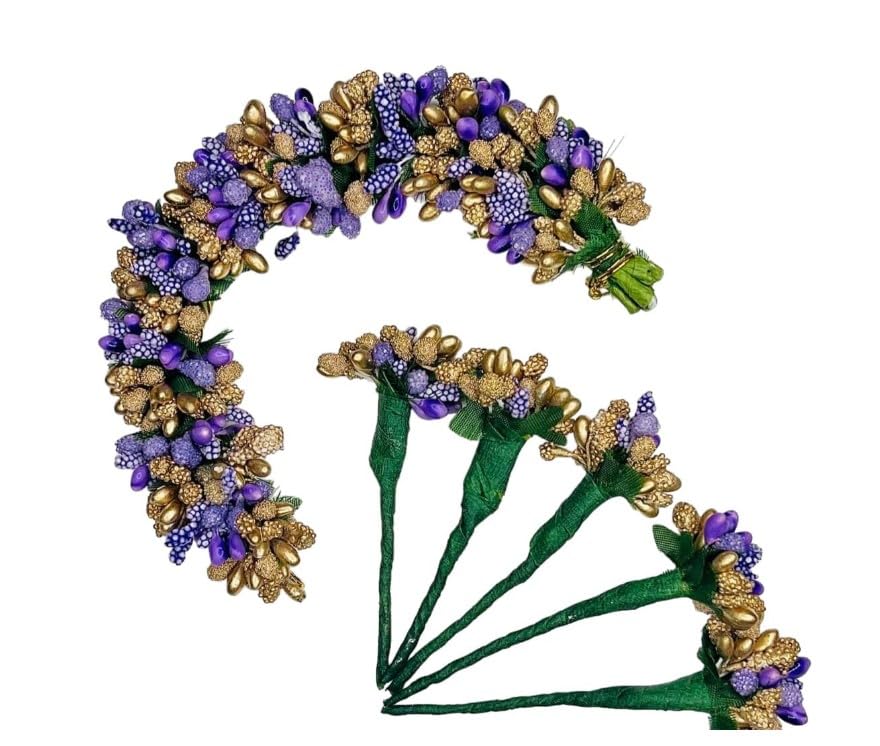 Hair Artificial flower Pollen Veni Bun gajra, Hair Accessories for Women & Girls (Lavender/Gold)