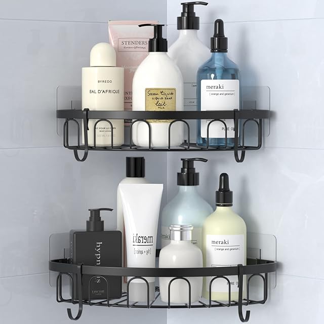 stusgo Shower Caddy, Corner Shower Shelf for Storage Bathroom Accessories 2 Pack Stainless Steel No Drill Rust Free Organiser Basket with Self Adhesive Hook