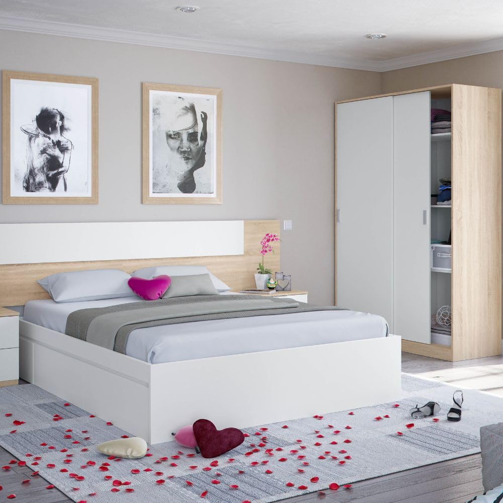 Mobelcenter – Armario 2 Puertas Correderas – Armario Matrimonio o Juvenil - Acabado Color Blanco Artik y Roble Canadian – Medidas: Ancho: 120 cm x Fondo: 50 cm x Alto: 200 cm - (1411)