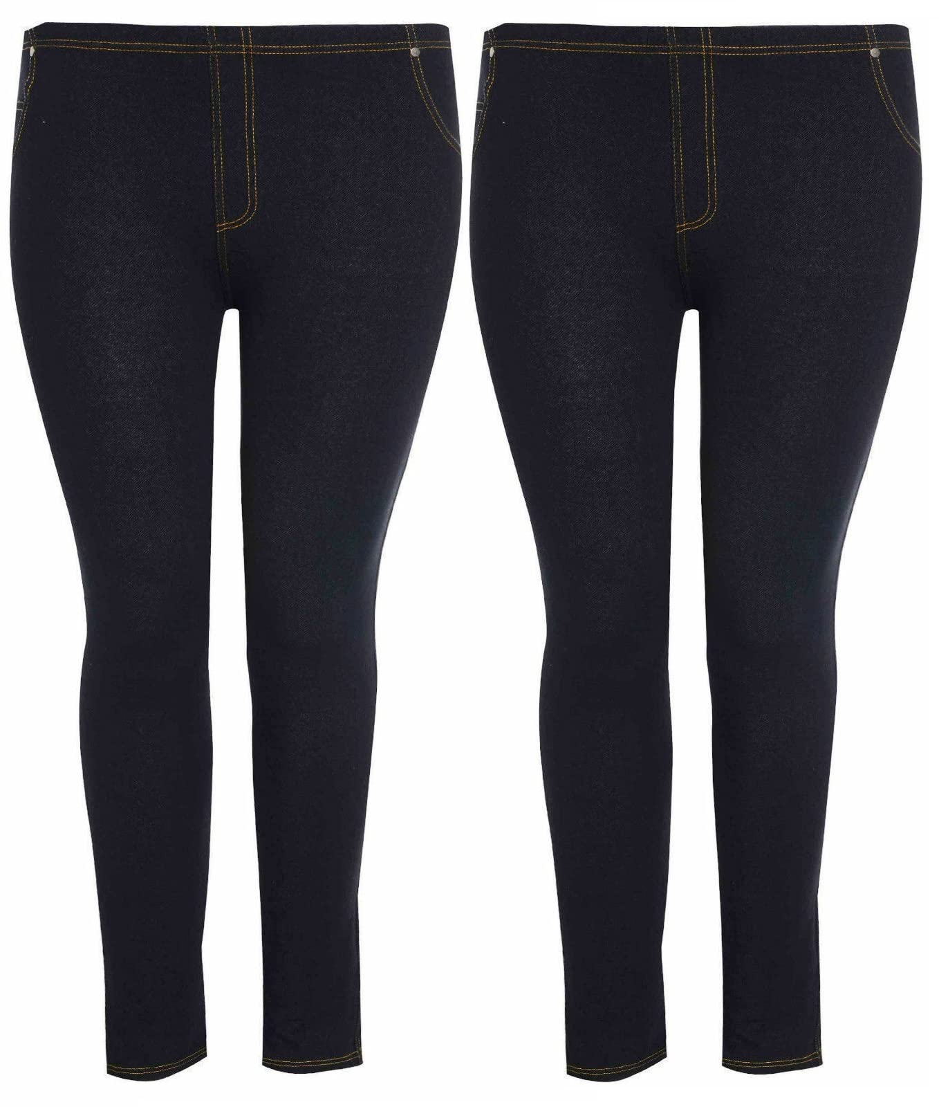Ploutos - Ladies Pack of 2 Stretchy Denim Look Skinny Jeggings Leggings Plus Size 8-26 UK (Black & Black, 16)