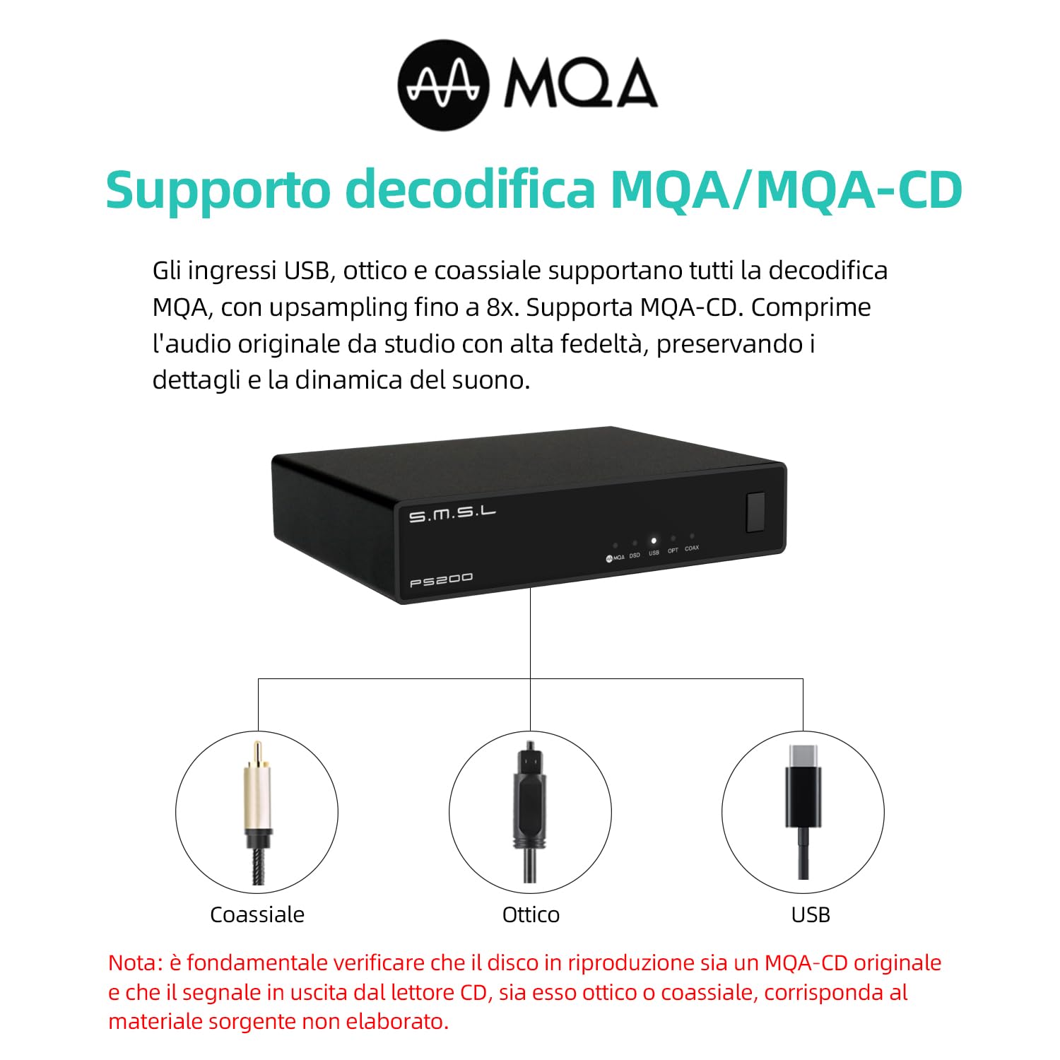 SMSL PS200PRO ES9039Q2M HiFi-DAC, convertitore audio digitale-analogico DSD512 PCM 32Bit/768kHz, USB/ottico/coassiale su uscita stereo cinch, MQA/MQA-CD-Audio-DAC per PC/PS5/amplificatore