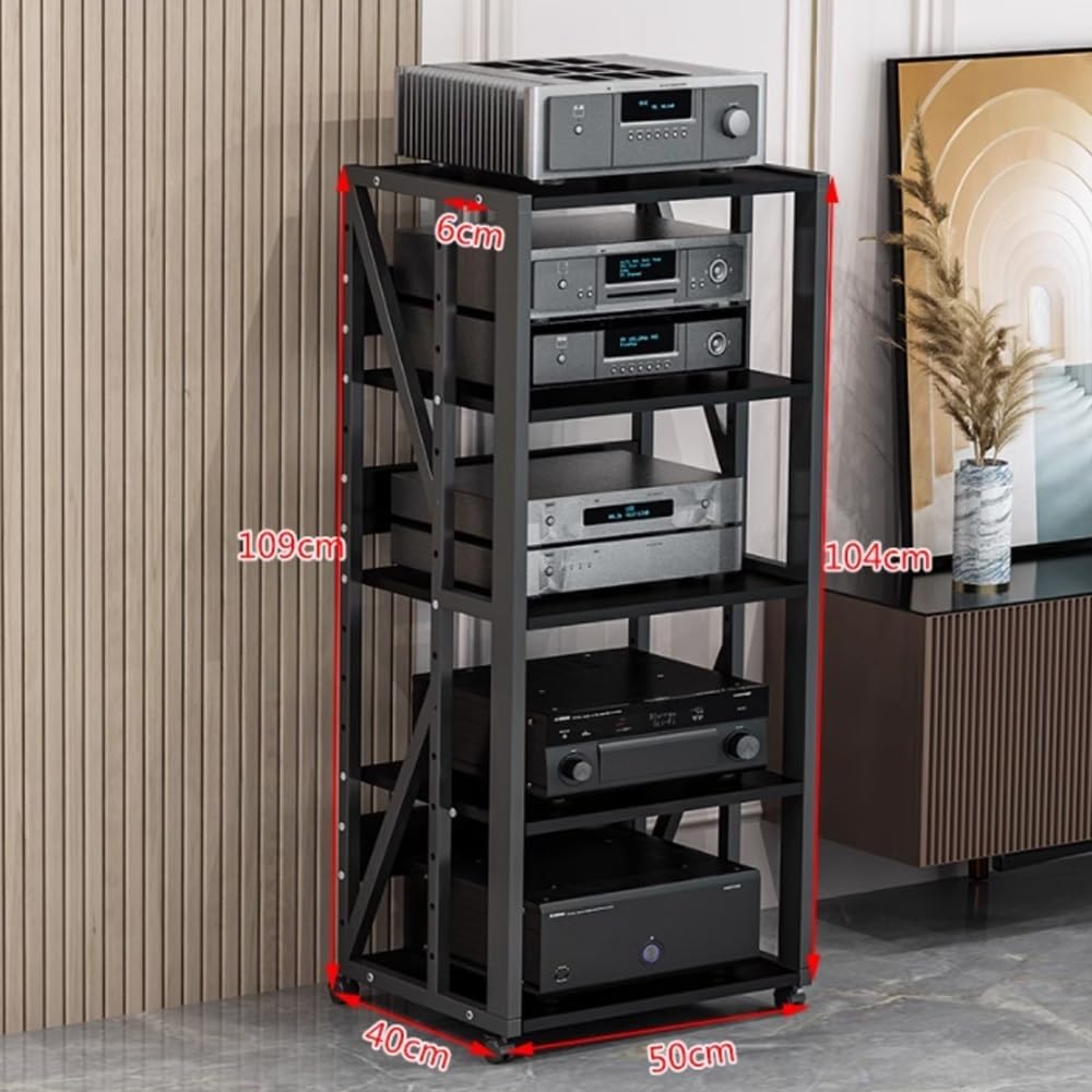 Supporto multimediale AV, Rack Audio Mobile, Rack Stereo a 3, 4 e 5 Livelli con Ruote, mobiletto portaoggetti con Altezza Regolabile, mobiletto Porta componenti Aperto HiFi (Nero, 5 Livelli)