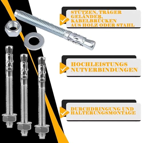 12er Set Bolzenanker Schwerlastdübel, M10x110MM Schwerlast Bolzenanker Keilanker Blitzdübel, Ankerschrauben aus Verzinktem Stahl für Geländer, Fenster, Vorhangfassaden, Maschinen
