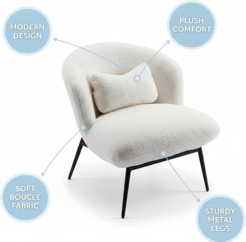 Miniatura 4 de DUOMAY Silla decorativa moderna, tapizada de sherpa, sofá individual Boucle con almohada lumbar, patas de metal, silla para sala de estar,