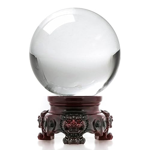 Amlong Crystal 3 inch (80mm) Clear Crystal Ball with Redwood Lion Resin Stand and Gift Box for Decorative Ball, Lensball Photography, Gazing Divination or Feng Shui, and Fortune Telling Ball - Redwood Color Stand - Clear