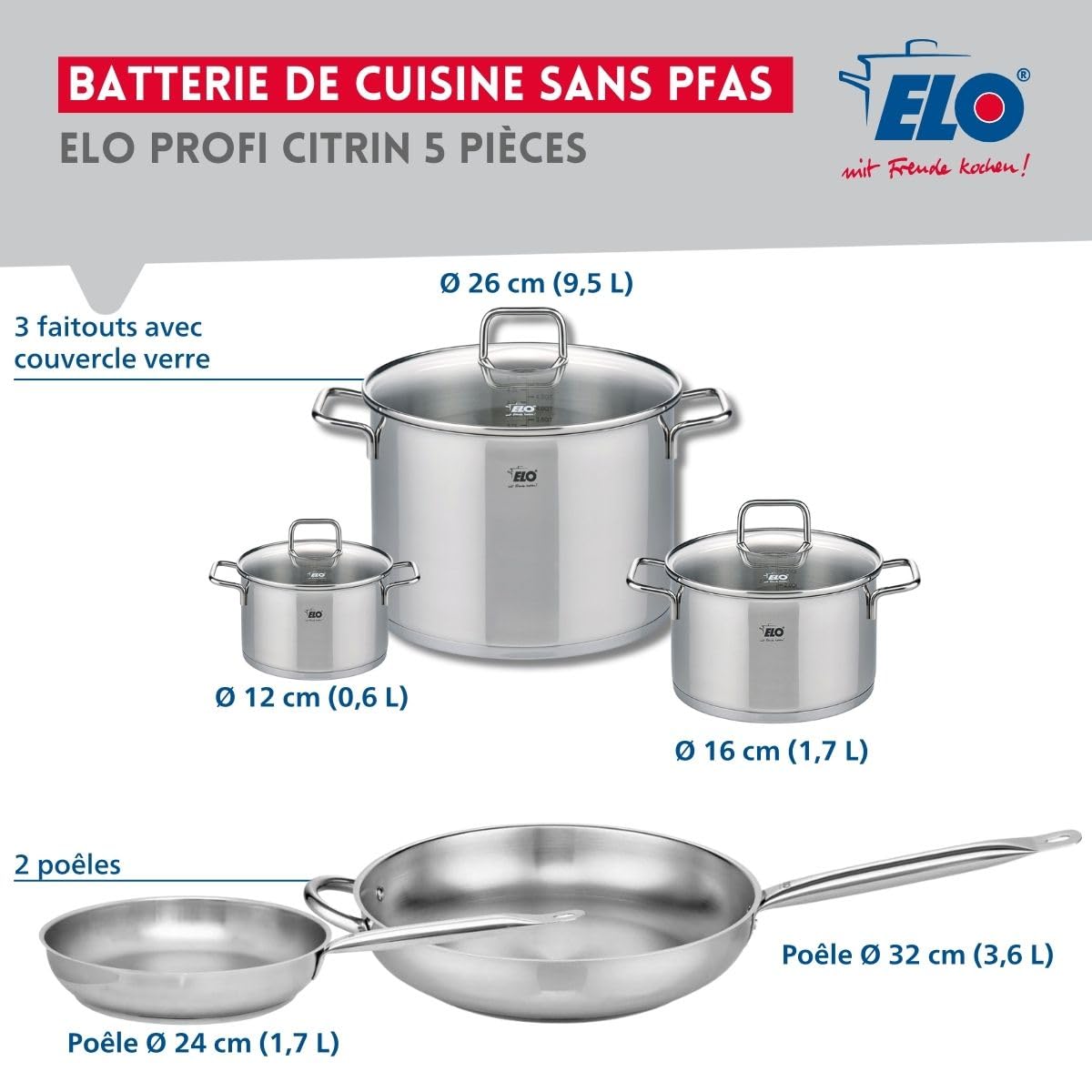 Elo Batterie de cuisine 2 poêles 24/32 cm et 3 faitouts 12/16/26 cm