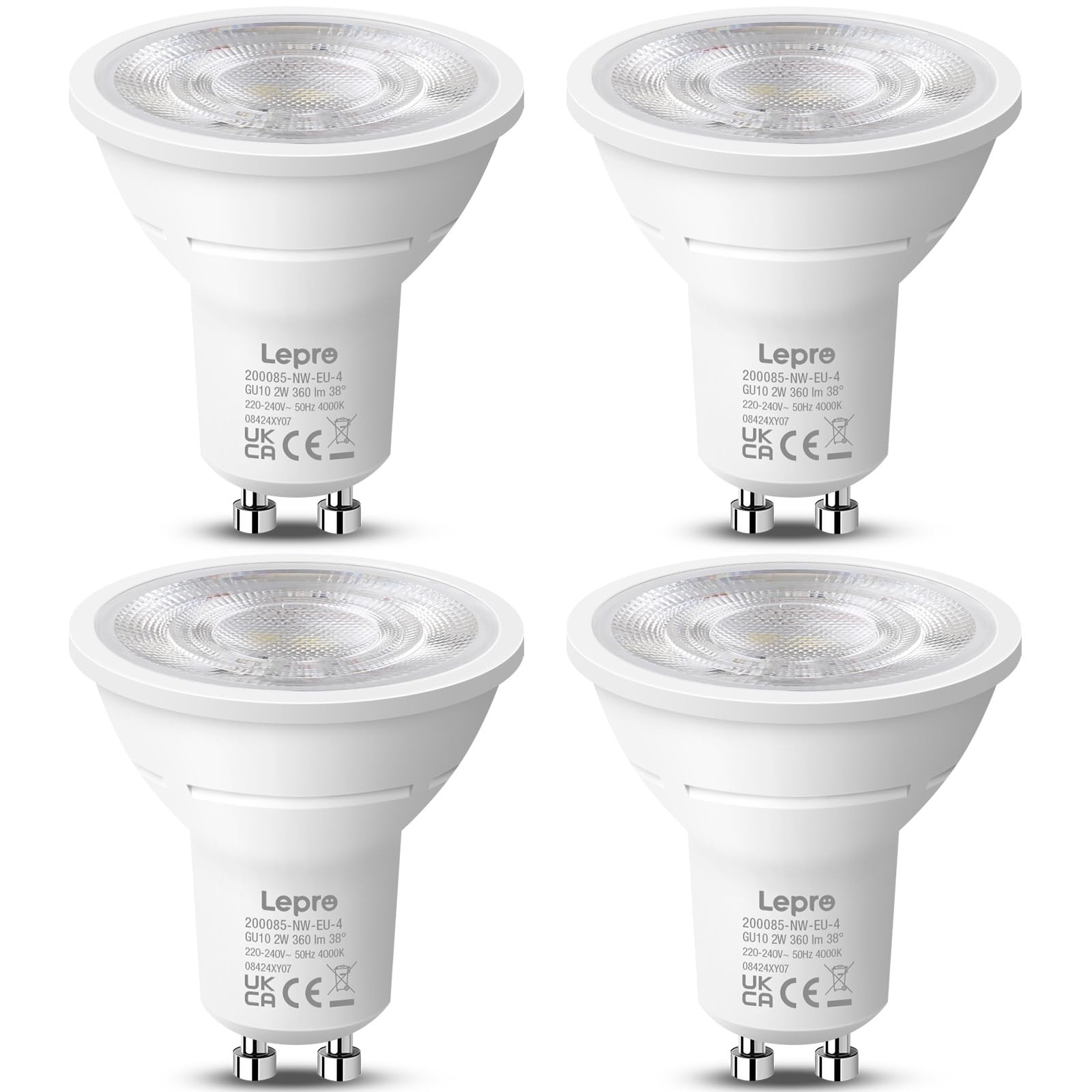 Lepro Neutral White 4000K Gu10 Led Bulbs, A Energy Class, 360Lm, 2W (50W Equivalent), 38° Beam Angle, 50000H Life Span, 96% Energy Saving Spotlight Bulb, Non-Dimmable, 4 Packs