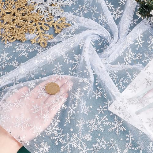 MAYJOYDIY Snowflake Silver Foil Mesh Fabric 160cm Ghost White Nylon Tulle Fabric Rolls Sheer Fabric for DIY Tutu Skirt Gift Bow Wedding Winter Party Dress Tablecloth Background Decorations - Image 3