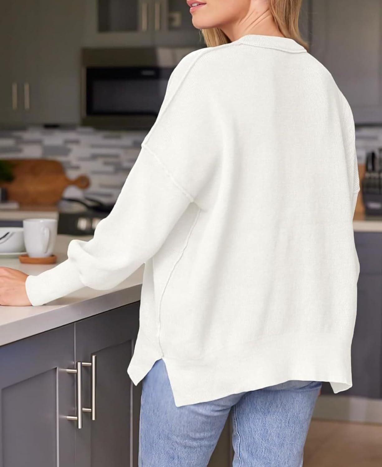 Women's Batwing Sweater Oversized Knit Pullover with Side Slits Fall Casual Crewneck Top for Fashion Outfits - Image 5