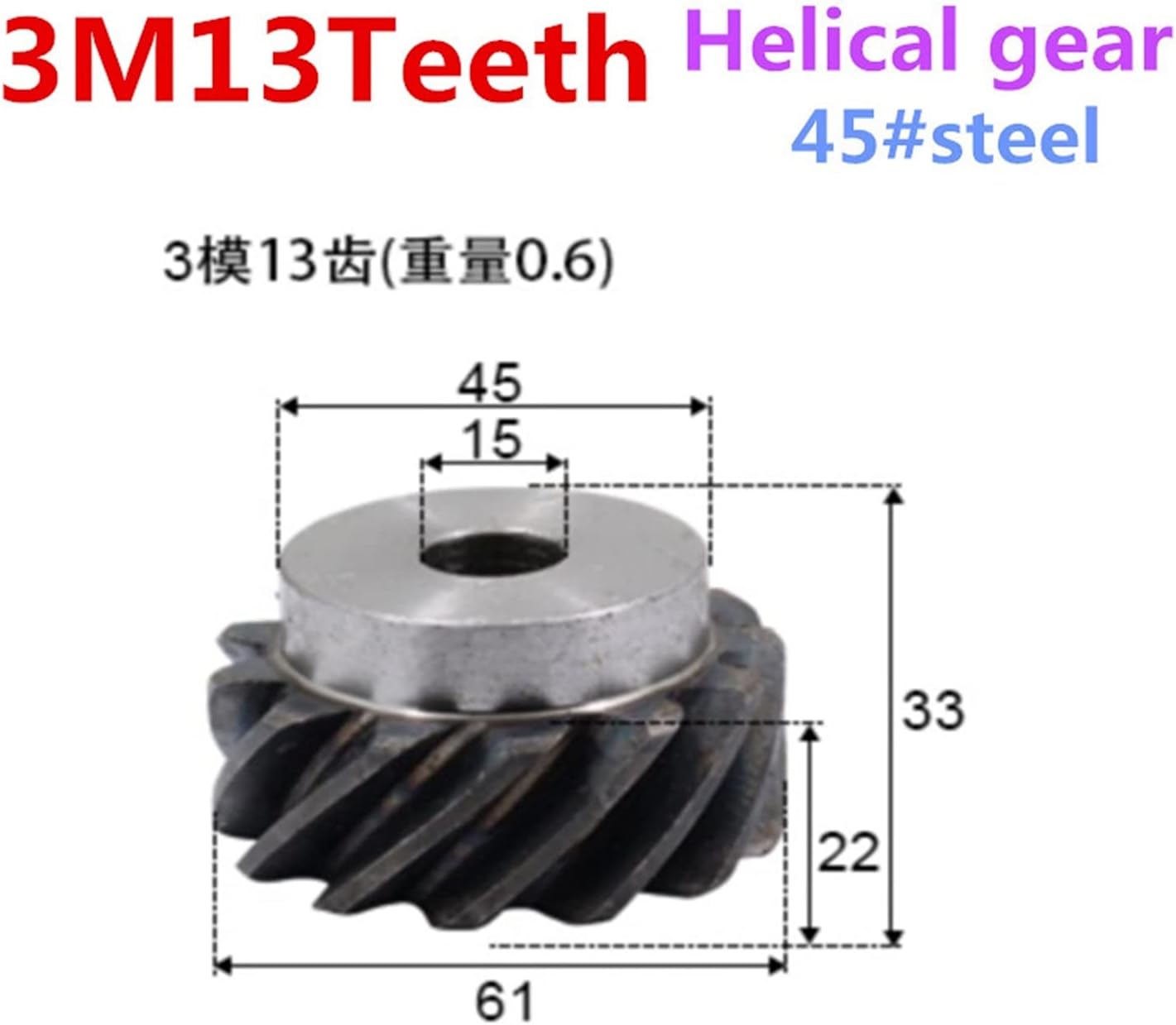 ZGF-BR Right Helical Gear 3M 13Teeth Inner Hole 15mm 90 Degree Transmission High Torque Steel Gears (Hole Diameter : 15mm, Number of Teeth : 13Teeth)