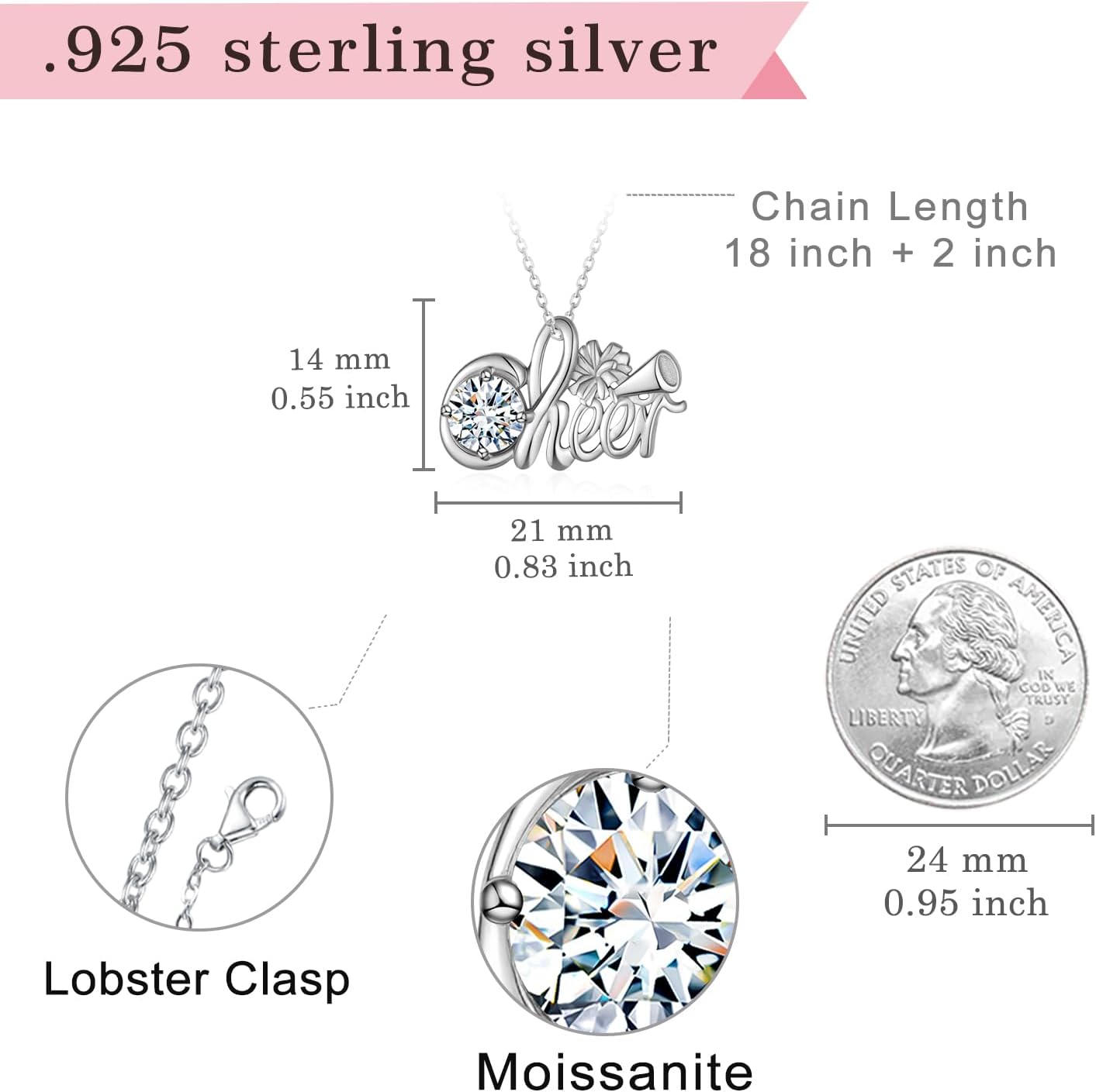 Cheer Moissanite Necklace 925 Sterling Silver Cheer Moissanites Necklaces for Women Cheer Pendant with 1 Ct Moissanite Stone Jewelry Gifts for Women