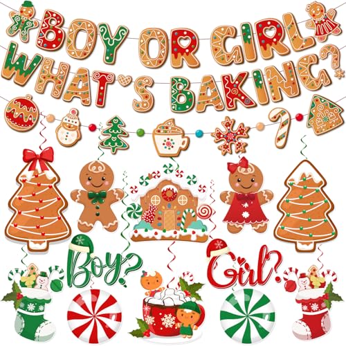 Gingerbread Gender Reveal Decorations Whats Baking Gender Reveal Decorations includes Boy or Girl Banner and Gingerbread Christmas Decorations Hanging Swirls