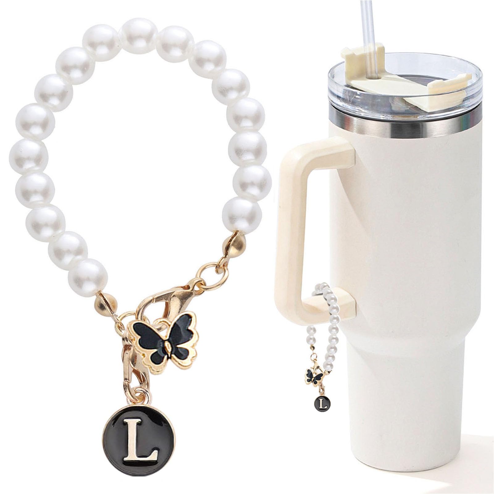 Letter Charm for Stanley Cup，Pearl Chain Accessories Stanley Cup Initial Charms for Handle Stuff Decor Water Bottle Jewelry Tumbler Cute Personalized Name ID Decorations Black Tag (L)