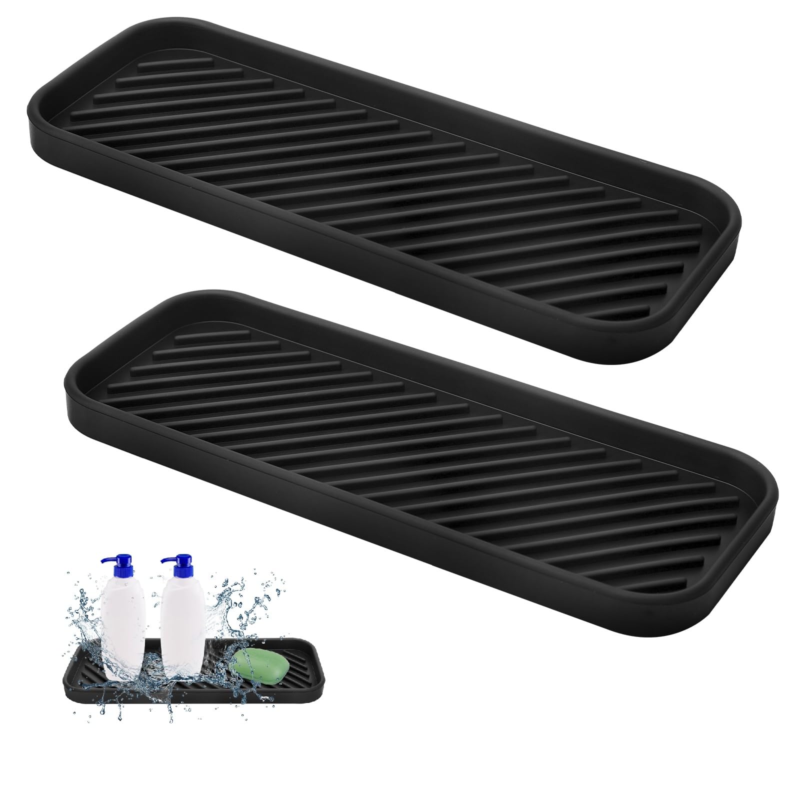 TMZELOA 2 Stück Silikon Abtropfmatte, 23 x 9 cm Schwarz Rutschfest Schmal Schnelltrocknend Silikon Spülbecken Organizer Spülbeckenmatte, Schwammhalter Küche für Schwämme Bürsten Seife