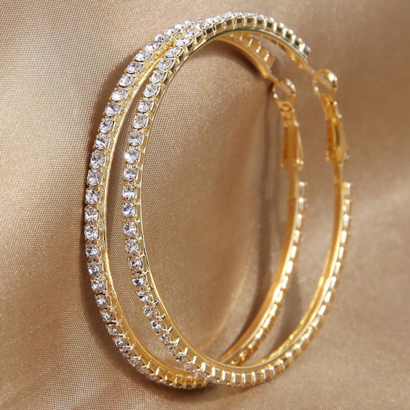 Oversized Silver Rhinestone Hoop Earrings for Women Large Sparkle Crystal Circle Dangle Statement Fashion Jewelry Accessory Party Night Gift - Image 2