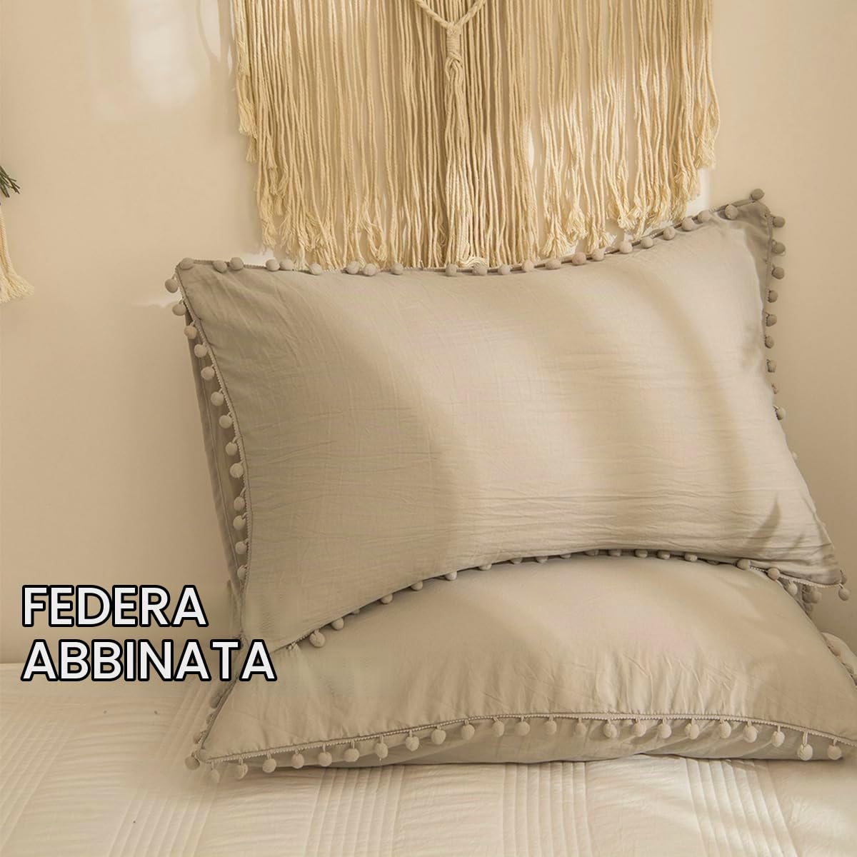 Set Copripiumino Matrimoniale Taupe Bohémien Parure Copripiumino 220x230cm Boho Pompon Boemia Sacco Copripiumino con Frange in Microfibra con Federe 50x75cm, Marrone