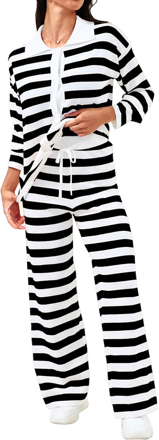 DERAX Women's 2 Piece Outfits Striped Long Sleeve Tops Shirt Lounge Sets Wide Leg Pants 2026 Spring Matching Set