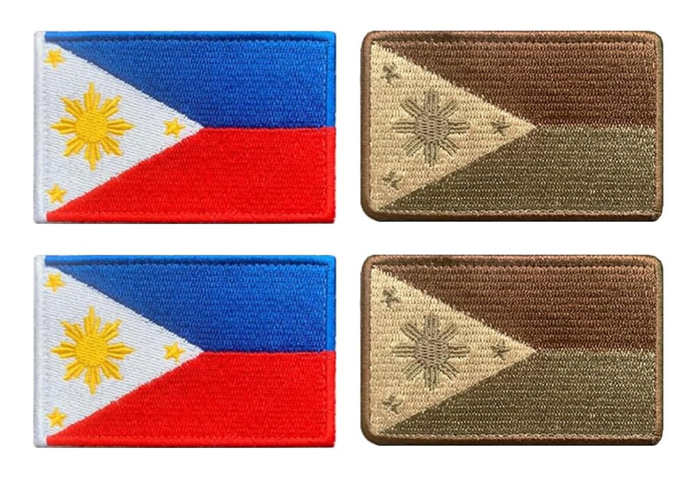 4 Pieces Philippines Filipino Flag Patches Embroidered Applique Hook and Loop National Emblem Tactical Patch for Jeans,Jackets,Clothes,Backpacks,Vest,Military,Uniforms