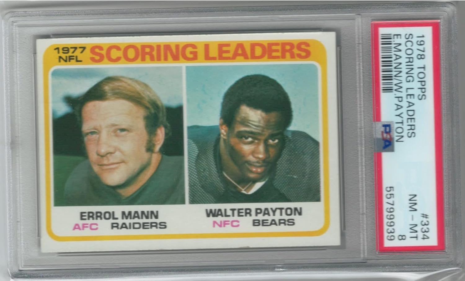 PSA NM-MT 8 1978 Topps Walter Payton & Errol Mann 1977 Scoring Leaders Football Card