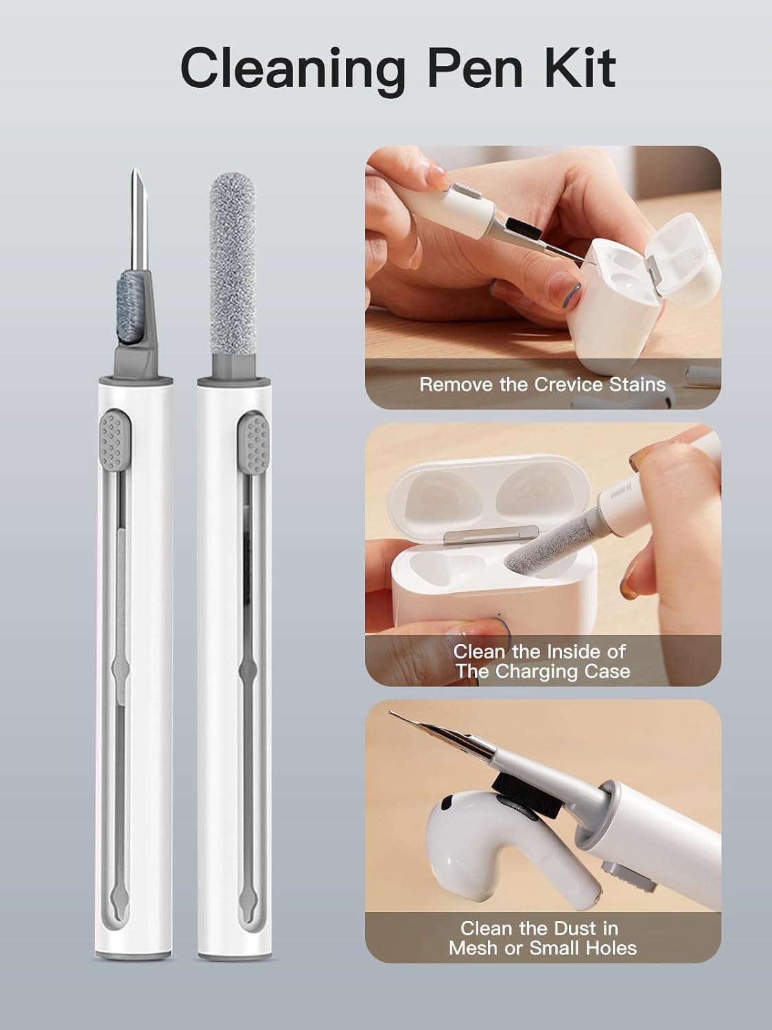 Image illustrating the three functions of the cleaning pen: metal tip for crevices, soft brush for charging case interior, and flocking brush for earbud mesh.