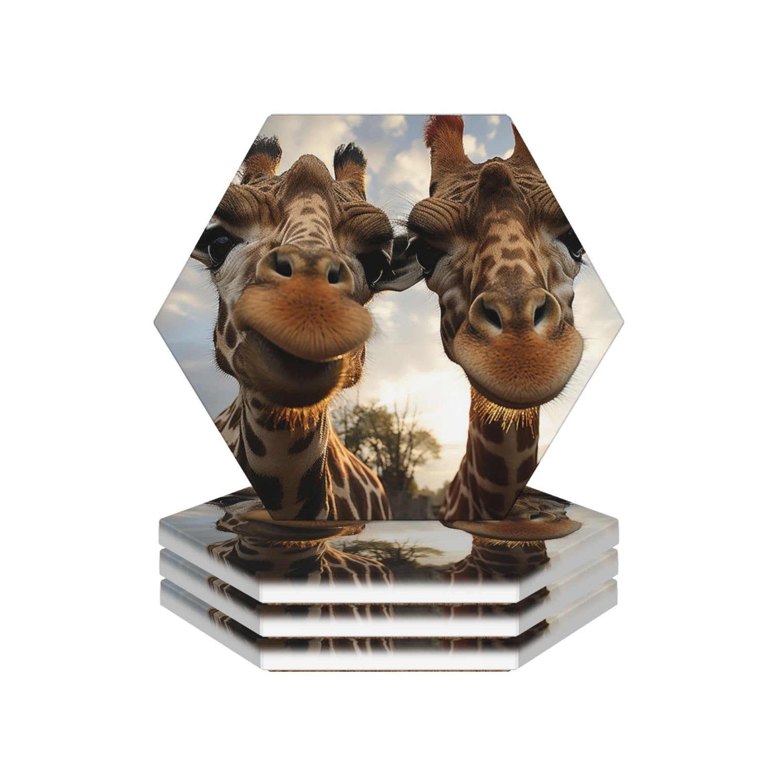 Drink Coasters Set of 4 Coffee Ceramic Coaster Two Giraffes Making Faces Coasters for Drinks Coffee Cup Mat Heat Resistant Tabletop Protection Coaster Desk Accessorie Home Decorative
