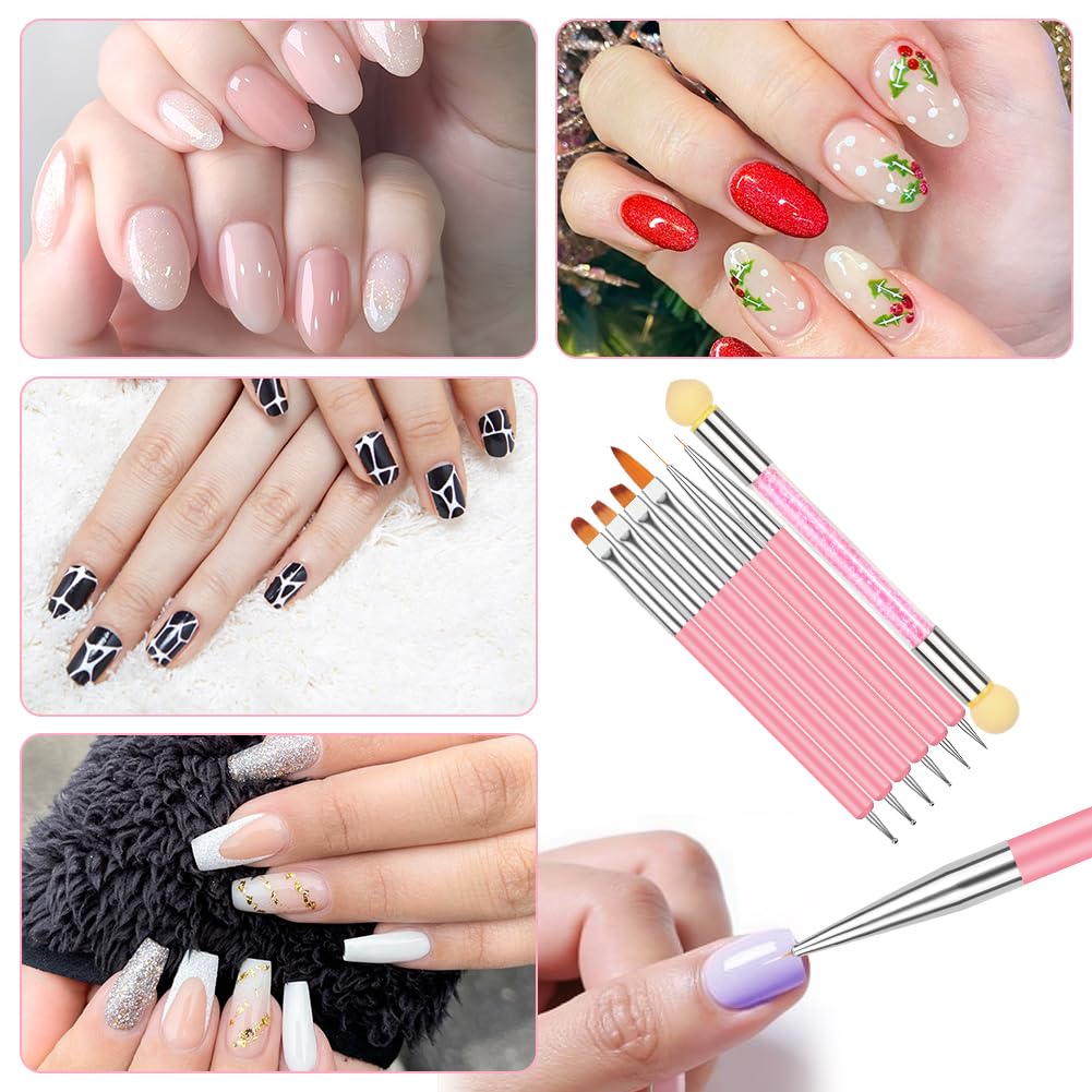 Pinceles para Uñas Double Head 6 Piezas con Cepillo Esponja, Herramienta de Manicura para Pintura y Dibujo Fino, Negro