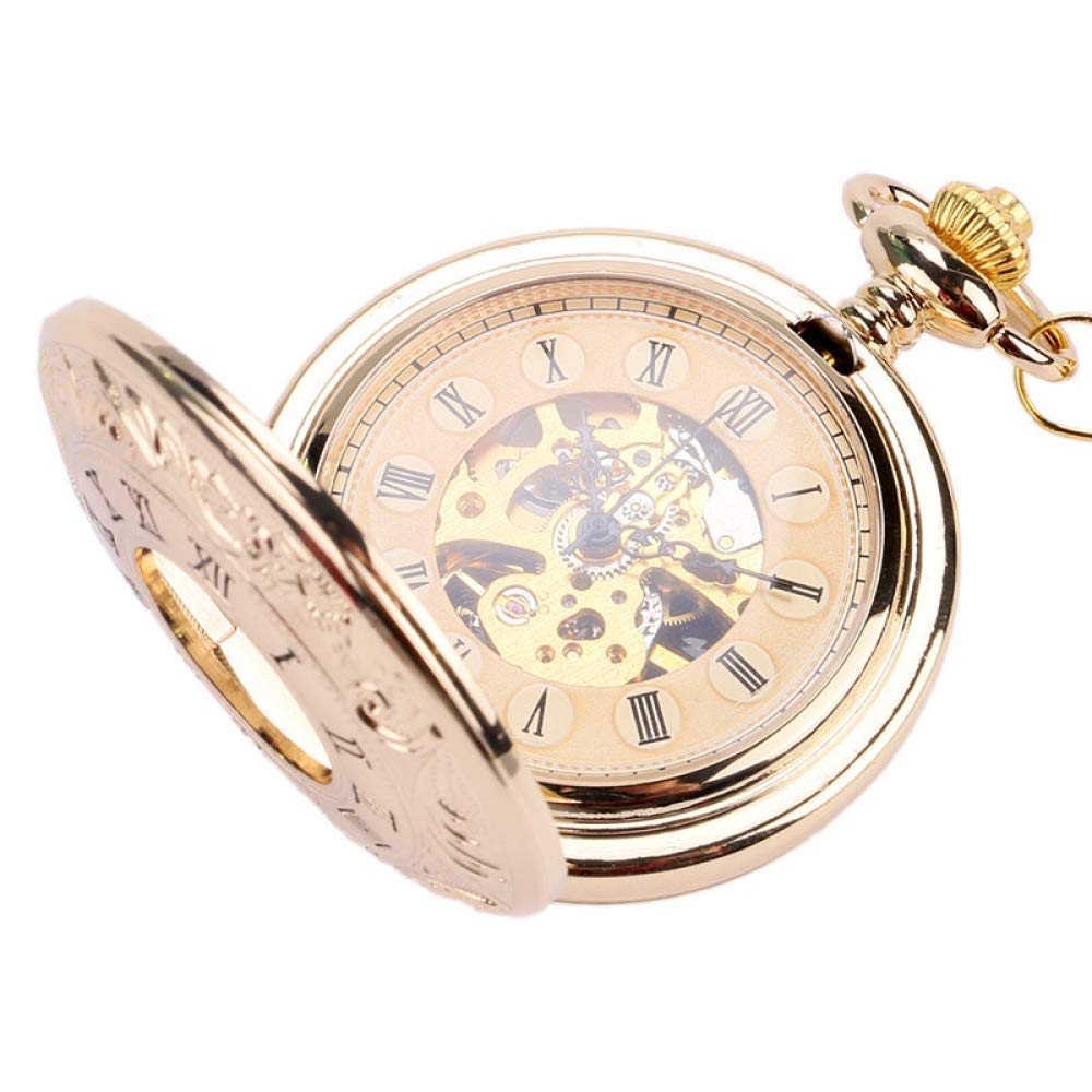 KJFB Orologio da tasca oro antico meccanico scheletro orologio da tasca doppio aperto lato numeri romani ciondolo con catena Fob (colore oro