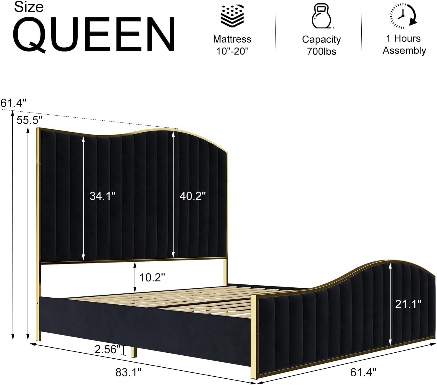 Diagram showing the dimensions of the Queen size bed frame, including headboard height (61.4 inches), footboard height (21.1 inches), and overall length (83.1 inches).